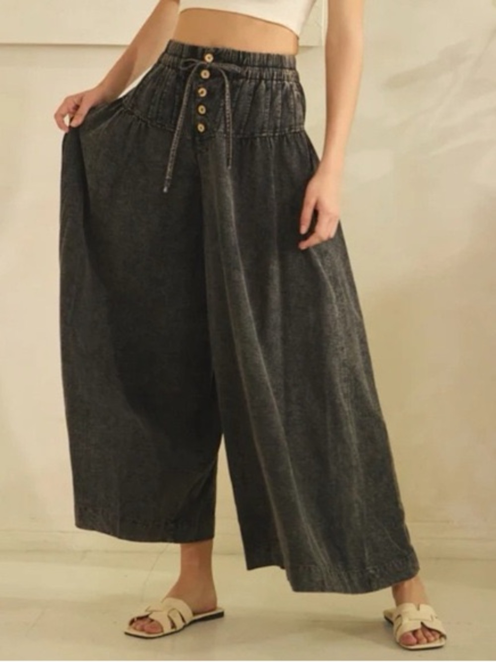 Mineral Washed Black Wide Leg High-Waist Drawstring Pants